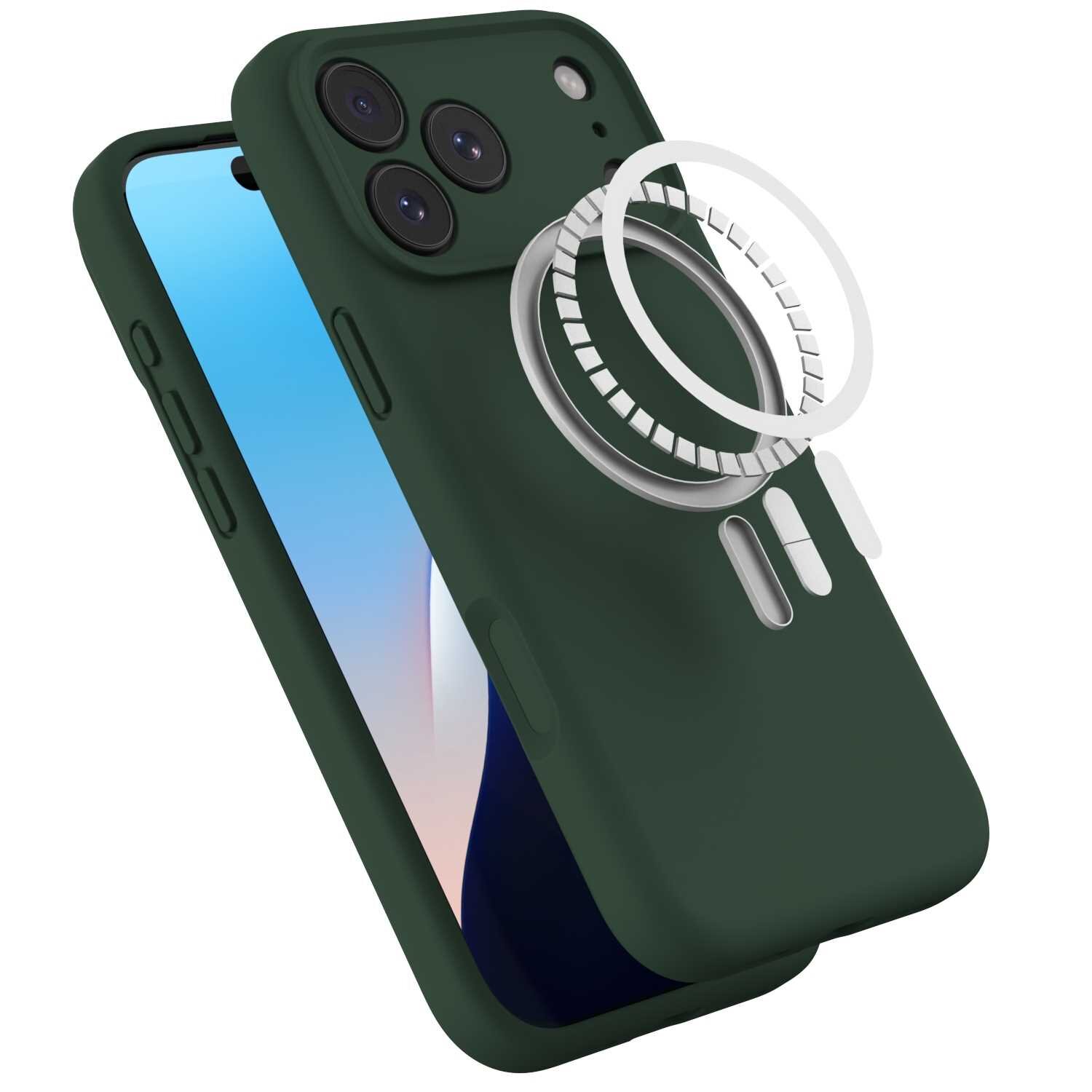 Zielone silikonowe etui magnetyczne z MagSafe, przeznaczone do iPhone 17 Pro Max, z widocznymi trzema otworami na aparaty i okrągłym elementem magnetycznym. Etui ma gładką powierzchnię i wycięcia na przyciski boczne.