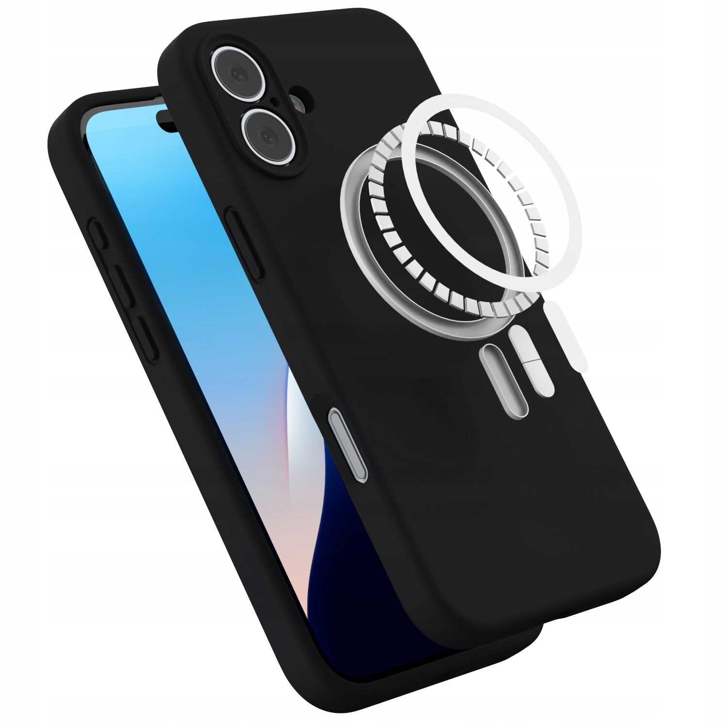 Czarne silikonowe etui magnetyczne z funkcją MagSafe, przeznaczone do iPhone 16 Plus, z widocznymi wycięciami na aparat i przyciski. Na etui znajduje się okrągły element magnetyczny w kolorze srebrnym.