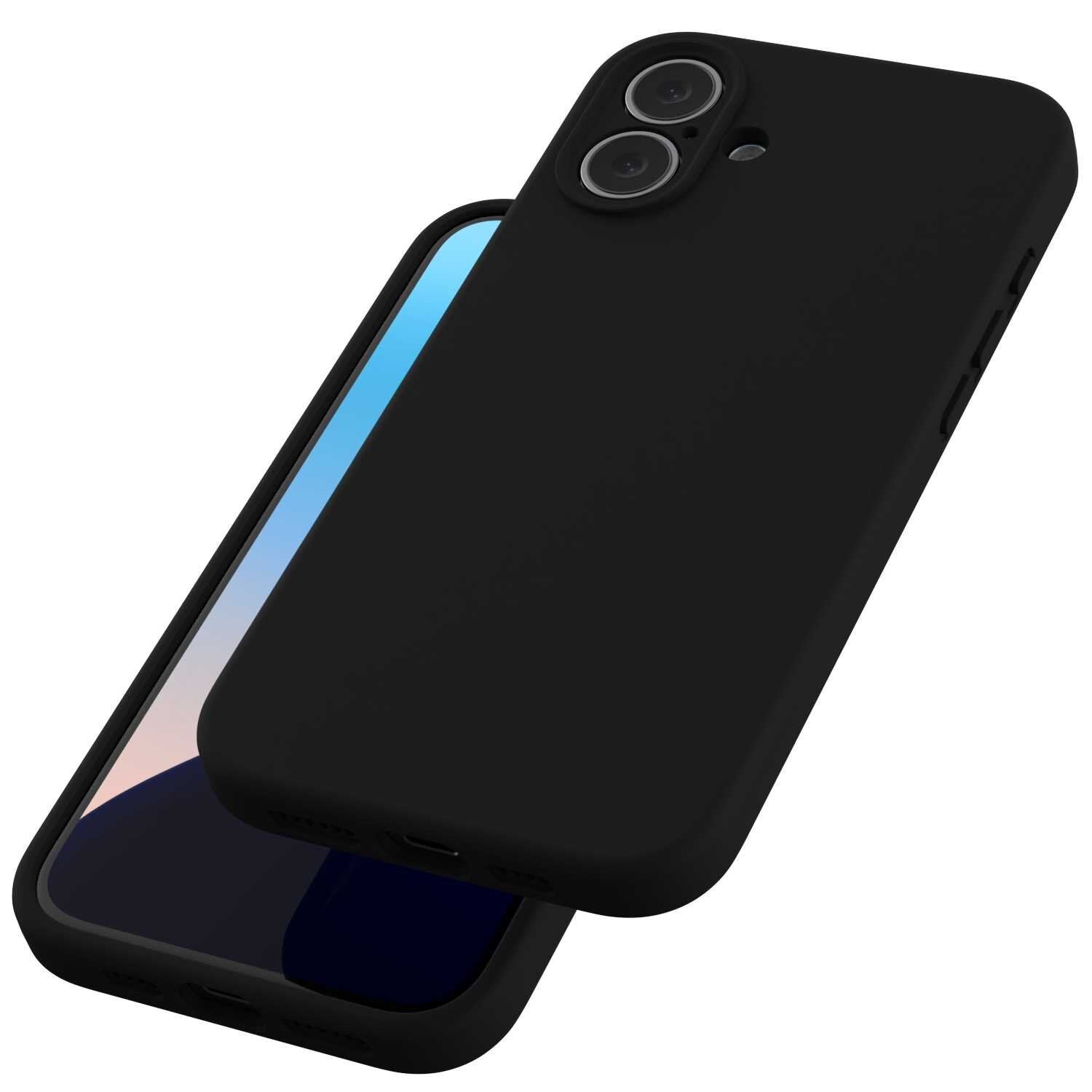 Czarne silikonowe etui na telefon z dwoma otworami na aparaty fotograficzne i przyciskami bocznymi. Etui ma gładką powierzchnię i jest przeznaczone do smartfona.