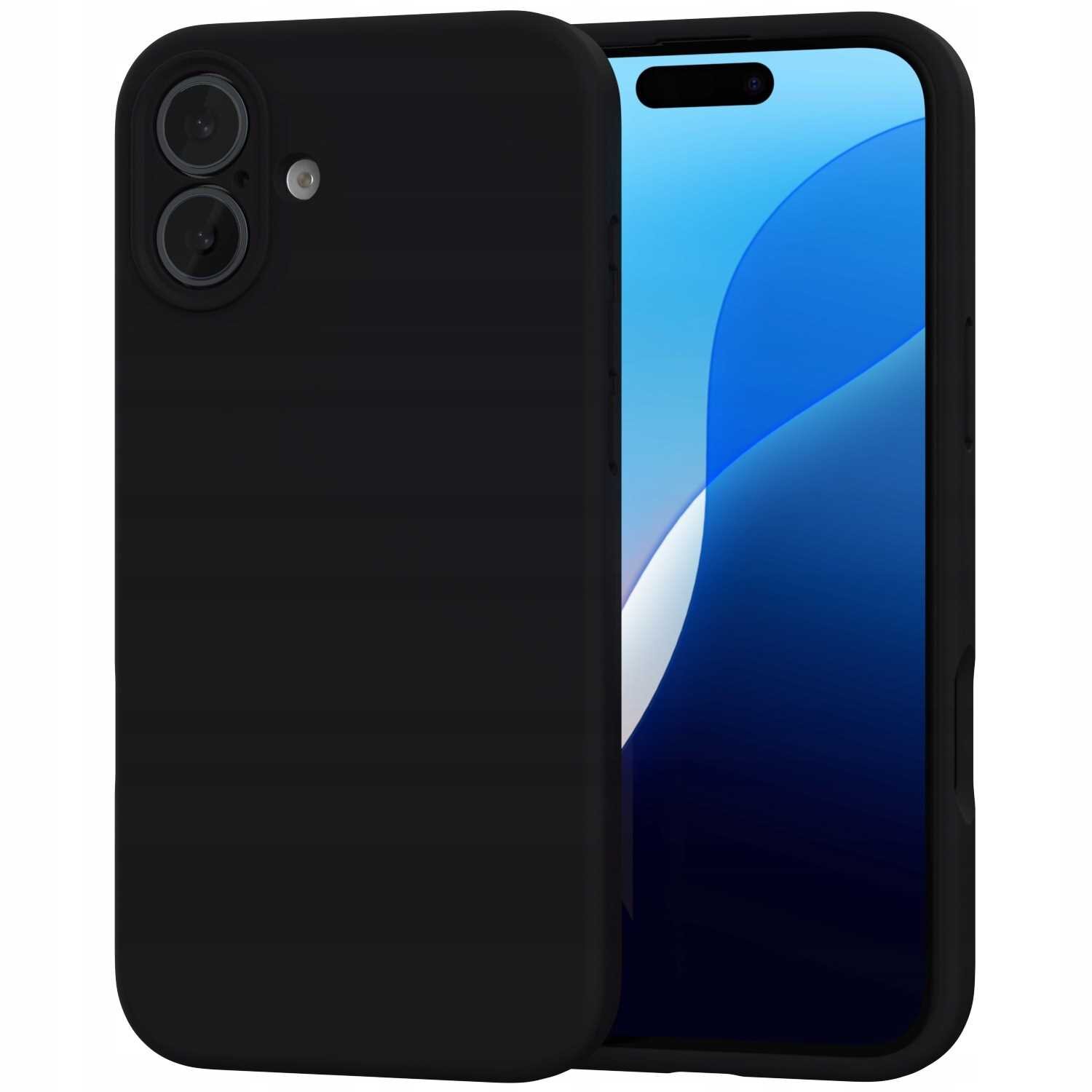 Czarne silikonowe etui na telefon z dwoma otworami na aparaty i jednym na lampę błyskową. Obok etui widoczny jest telefon z wyświetlaczem pokazującym niebiesko-białą grafikę.