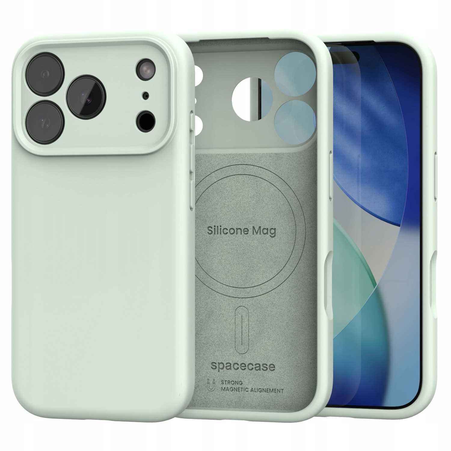 Obraz przedstawia zielone silikonowe etui magnetyczne z trzema dużymi otworami na aparaty i napisem \'Silicone Mag\' oraz \'spacecase\' wewnątrz. W tle widoczny jest telefon z kolorowym ekranem.