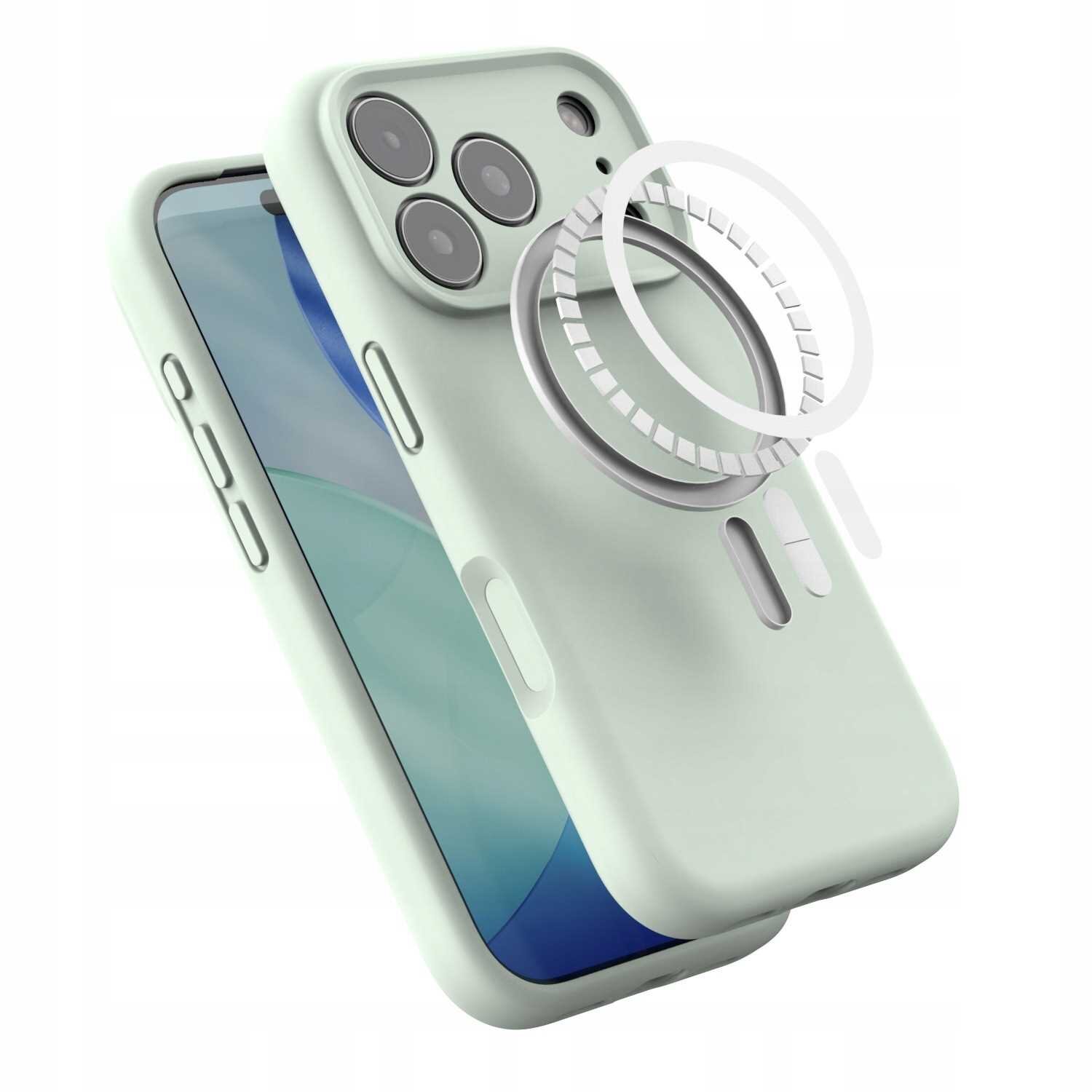 Zielone silikonowe etui magnetyczne z MagSafe, przeznaczone do iPhone 17 Pro, z widocznymi przyciskami bocznymi i otworami na aparat. Na etui znajduje się okrągły wzór symbolizujący funkcję MagSafe.