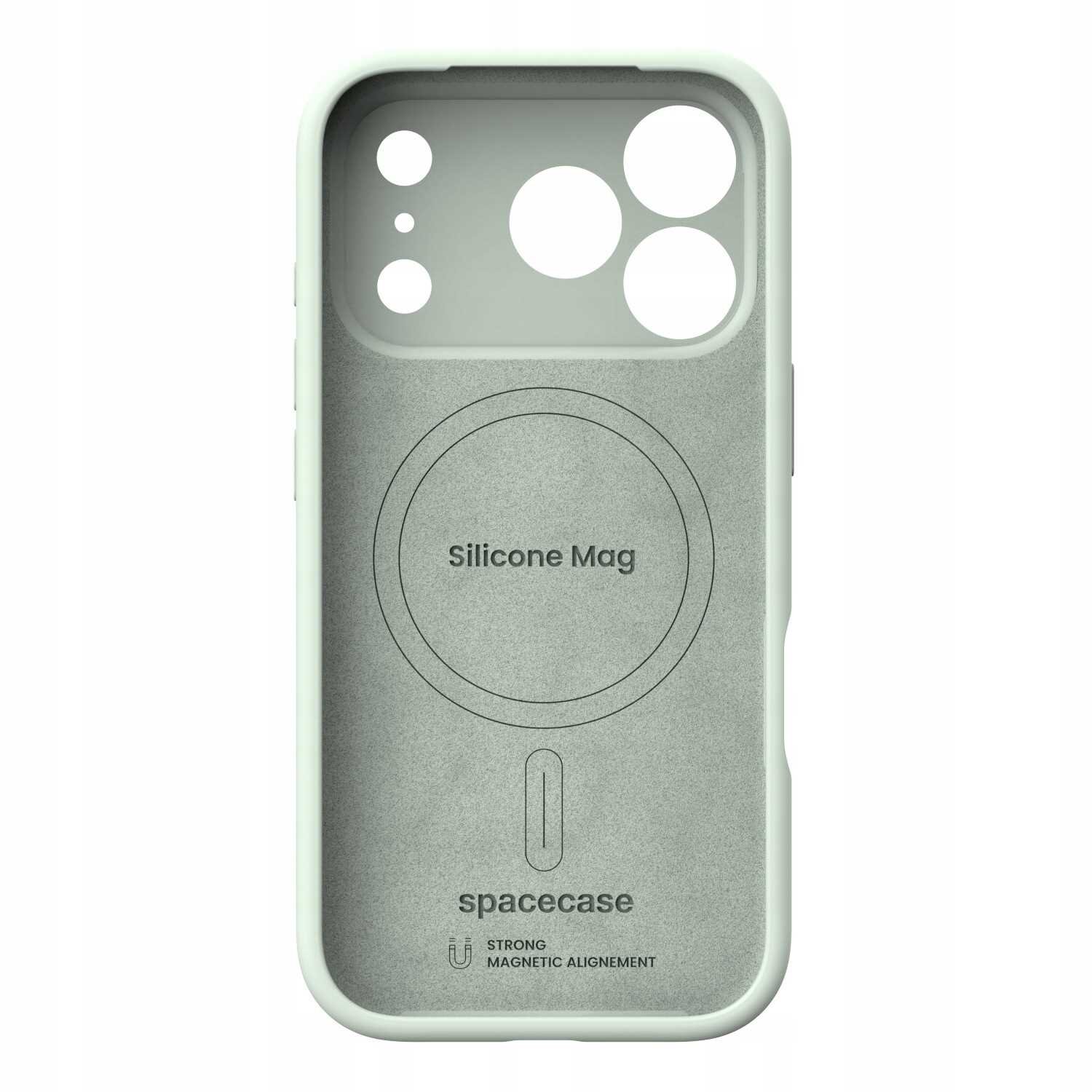 Zielone silikonowe etui z wycięciami na aparat i napisem \'Silicone Mag\' oraz \'spacecase\'. Widoczny jest symbol magnetyczny i napis \'STRONG MAGNETIC ALIGNMENT\'.