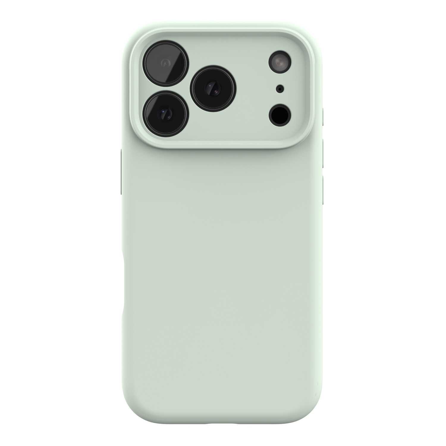 Zielone silikonowe etui na telefon z trzema dużymi otworami na aparaty i dodatkowymi mniejszymi otworami na inne elementy. Etui ma gładką powierzchnię i zaokrąglone krawędzie.
