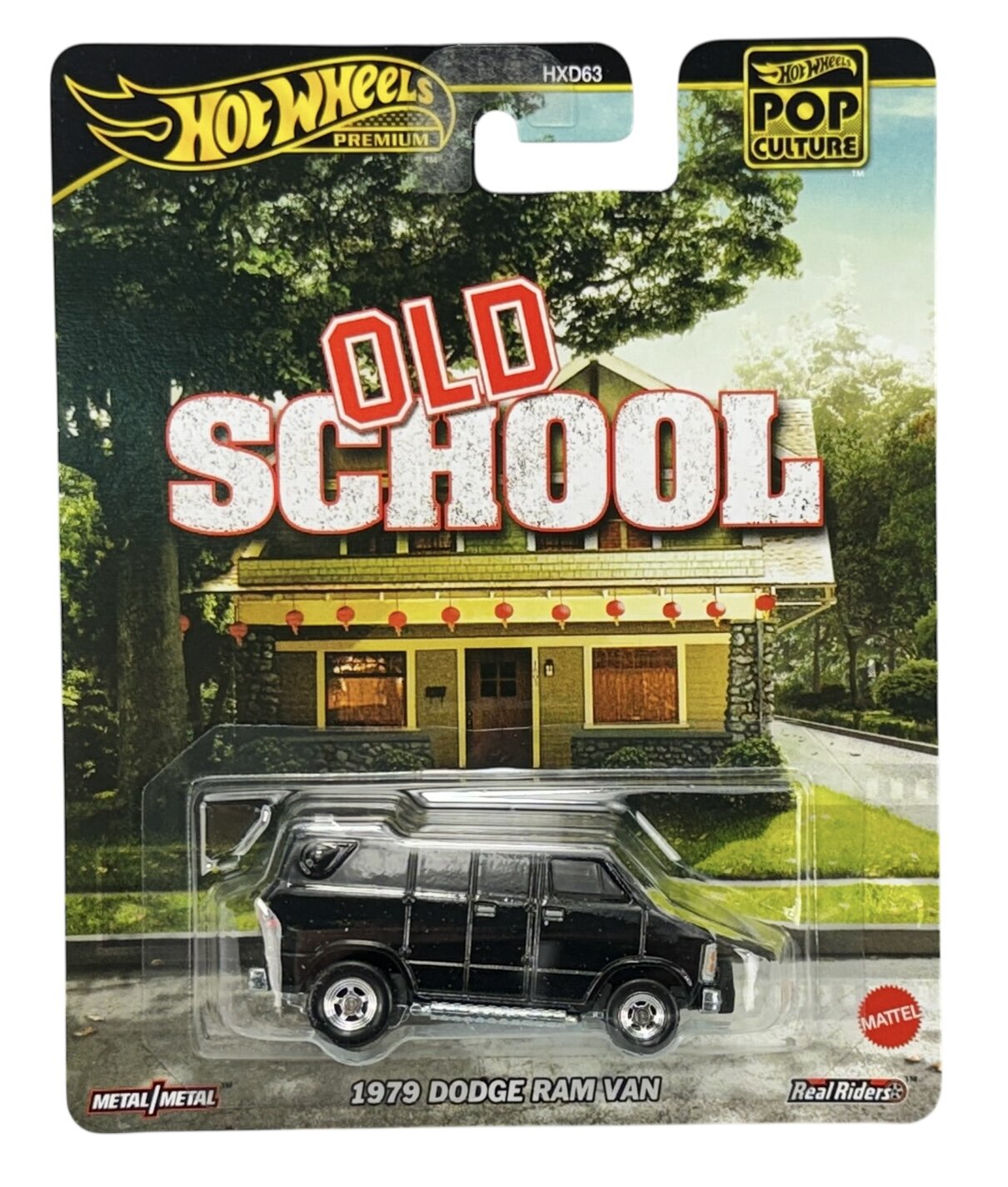 Opakowanie z modelem samochodu Hot Wheels Premium, przedstawiające czarny 1979 Dodge Ram Van. Na tle widoczny jest dom z napisem \'OLD SCHOOL\'.