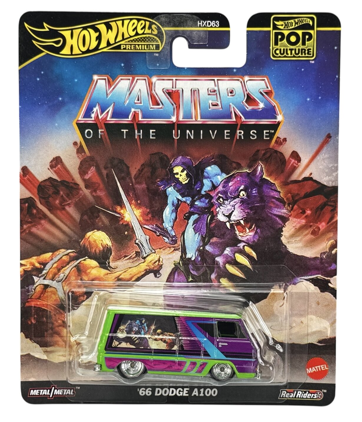 Opakowanie z modelem samochodu \'66 Dodge A100 z serii Hot Wheels Premium Pop Culture, ozdobione grafiką z \'Masters of the Universe\'. Widoczne logo Hot Wheels Premium, Metal/Metal i Real Riders oraz napis \'Mattel\'.