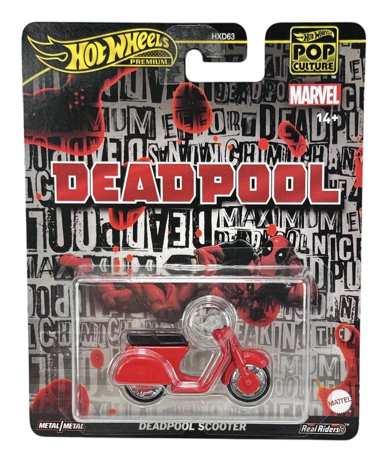 Opakowanie z modelem skutera w kolorze czerwonym, z napisem \'DEADPOOL\' na tle z motywem komiksowym. Widoczne logo \'Hot Wheels Premium\', \'Marvel\' oraz \'Mattel\'.