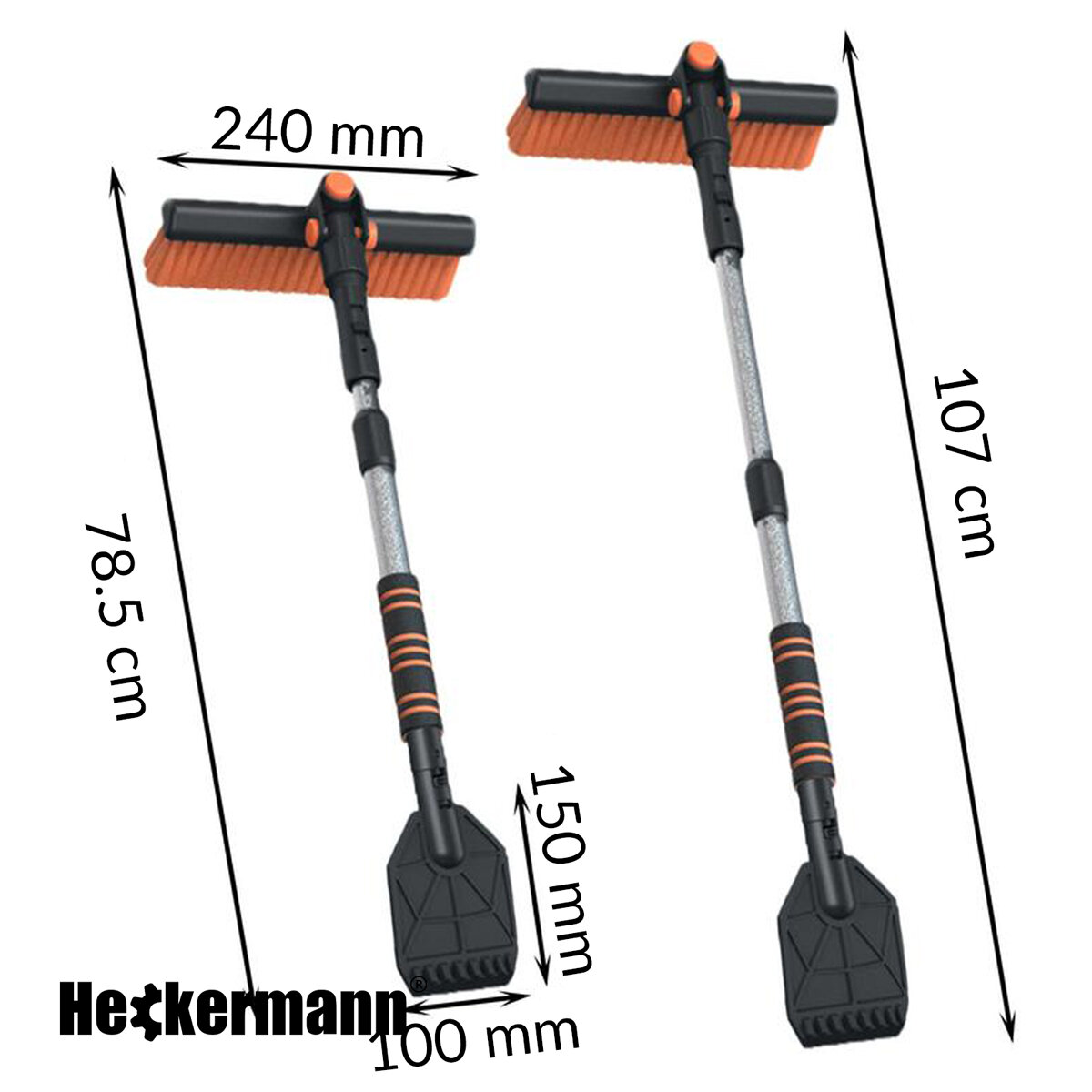 Na obrazie widoczna jest szczotka do odśnieżania z teleskopowym uchwytem, oznaczona wymiarami: 240 mm szerokości, 78.5 cm i 107 cm długości. Logo \'Heckermann\' znajduje się w dolnej części obrazu.