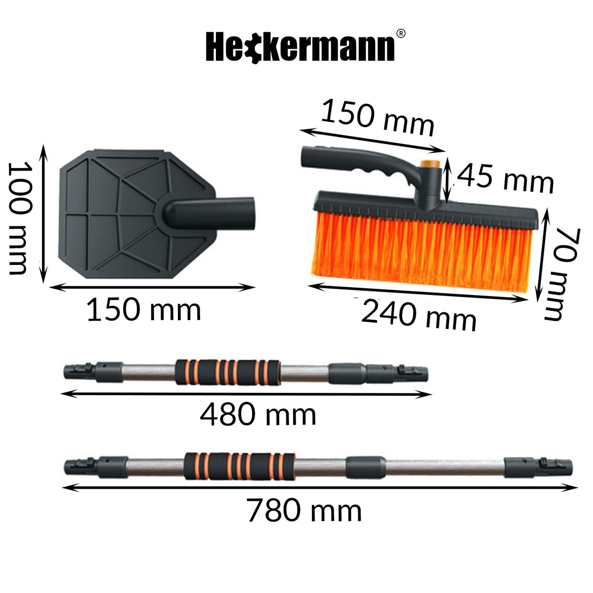 Obraz przedstawia szczotkę do odśnieżania z logo Heckermann oraz jej wymiary: głowica 150x100 mm, szczotka 240x70 mm, uchwyt 150x45 mm, teleskopowy kij 480 mm i 780 mm.
