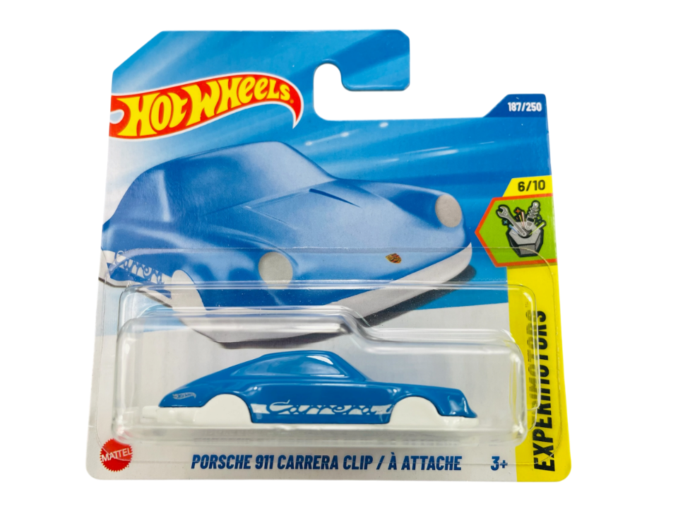 Opakowanie z modelem samochodu Hot Wheels, przedstawiające niebieski Porsche 911 Carrera Clip. Na opakowaniu widnieje napis \'Porsche 911 Carrera Clip / À Attache\', numer 187/250 oraz logo Hot Wheels.