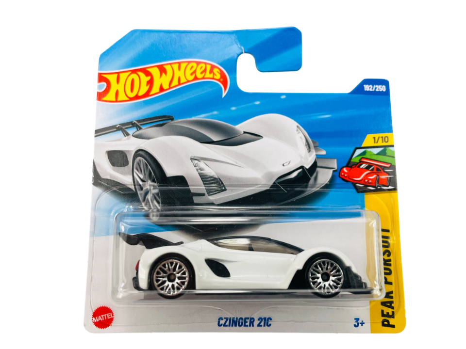 Opakowanie z modelem samochodu Hot Wheels, przedstawiające biały samochód sportowy Czinger 21C. Na opakowaniu widoczne są napisy: \'Hot Wheels\', \'192/250\', \'1/10\', \'Czinger 21C\', \'Peak Pursuit\', oraz logo \'Mattel\'.