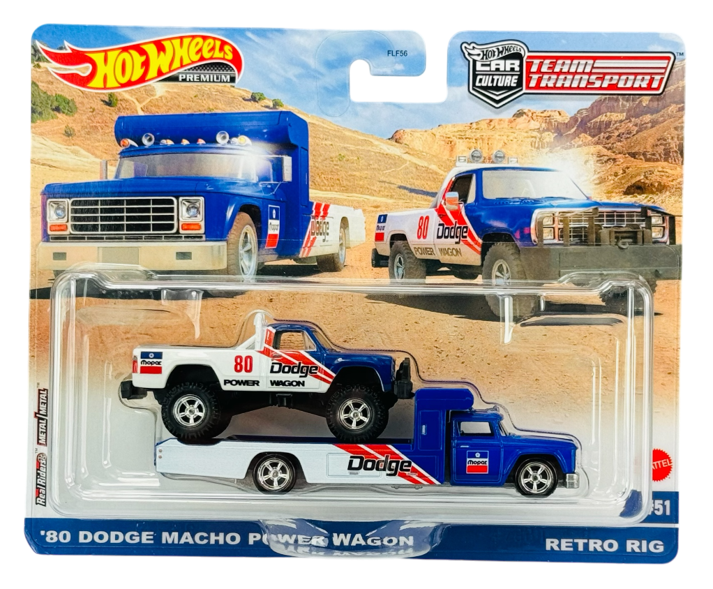 Opakowanie z modelami samochodów Hot Wheels Premium, przedstawiające \'80 Dodge Macho Power Wagon i Retro Rig. Na opakowaniu widoczne są napisy: \'80 DODGE MACHO POWER WAGON\' oraz \'RETRO RIG\'.