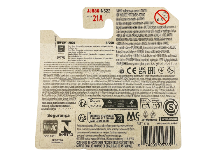 Opakowanie produktu z serii HW EV - 2026, oznaczone jako 8/250, zawiera różne ostrzeżenia i informacje w kilku językach. Widoczne są symbole recyklingu, certyfikaty oraz kod kreskowy 074299057854.