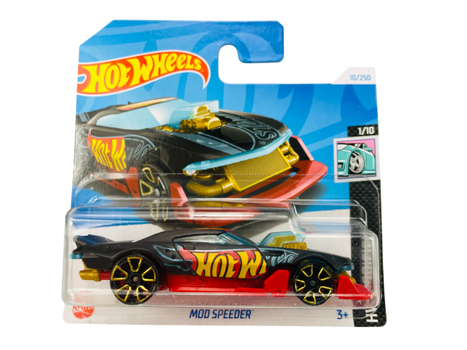 Opakowanie z modelem samochodu Hot Wheels o nazwie \'Mod Speeder\', z widocznym logo \'Hot Wheels\' i oznaczeniem 10/250. Samochód jest czarno-czerwony z żółtymi elementami i dużym napisem \'Hot Wheels\' na boku.