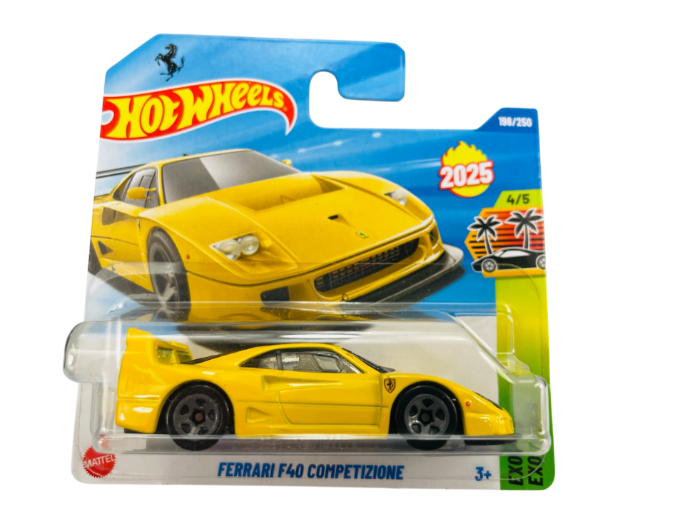 Opakowanie z modelem samochodu Hot Wheels, przedstawiające żółty samochód Ferrari F40 Competizione. Na opakowaniu widnieje tekst: \'2025\', \'198/250\', \'4/5\', \'Ferrari F40 Competizione\'.