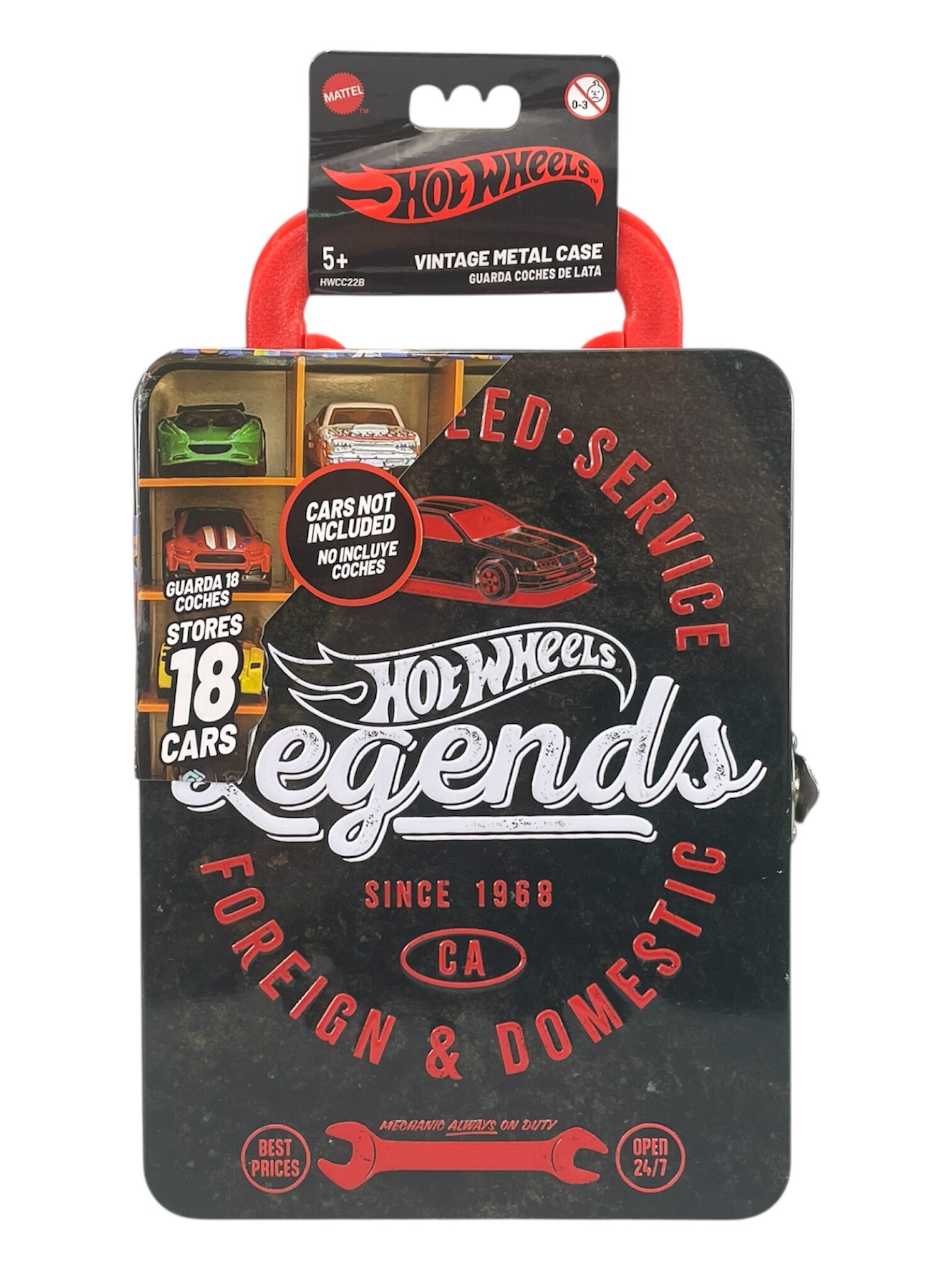 Czarna metalowa walizka z napisem \'Hot Wheels Legends\' i grafiką samochodu, przeznaczona na 18 samochodów. Na opakowaniu widnieje informacja \'Cars not included\' oraz logo \'Hot Wheels\'.
