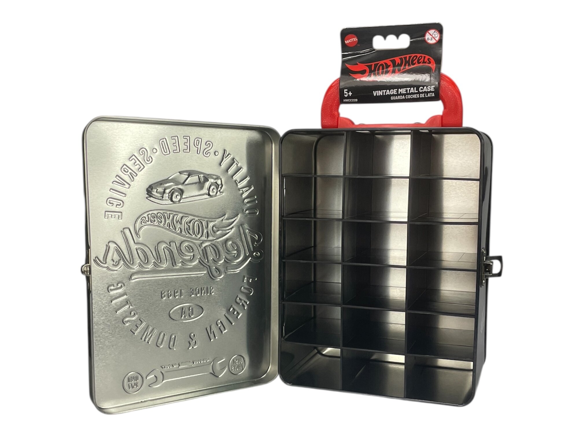 Metalowa walizka na 18 samochodów z logo Hot Wheels, otwarta, z widocznymi przegródkami i tłoczeniami na wewnętrznej stronie pokrywy. Na uchwycie widoczny jest napis \'Hot Wheels Vintage Metal Case\'.
