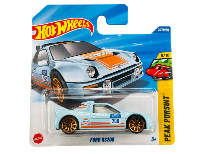 Opakowanie z modelem samochodu Hot Wheels, przedstawiające niebieski samochód Ford RS200 z pomarańczowymi detalami i numerem 200. Na opakowaniu widnieje napis \'PEAK PURSUIT\' oraz oznaczenie 247/250 i 9/10.