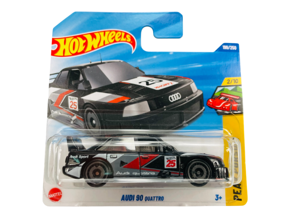 Opakowanie zabawki Hot Wheels z modelem samochodu Audi 90 Quattro w kolorach czarnym, czerwonym i białym. Na opakowaniu widnieje napis \'AUDI 90 QUATTRO\' oraz numeracja \'199/250\'.