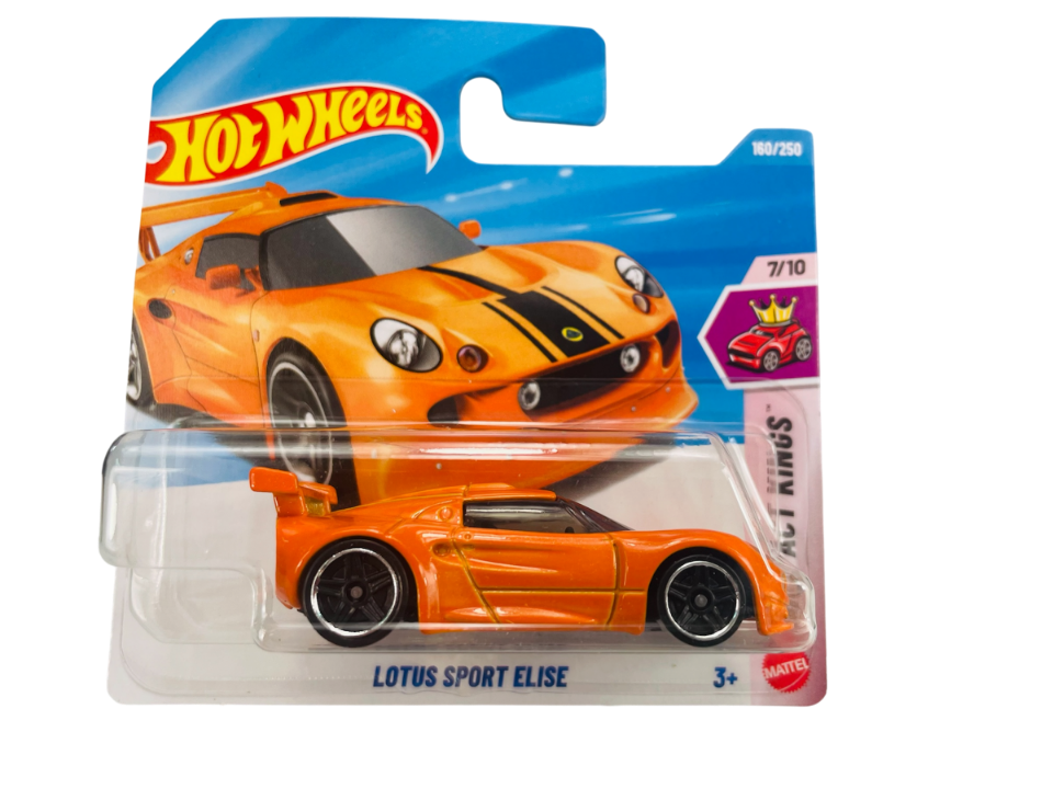 Opakowanie z zabawkowym modelem samochodu Hot Wheels w kolorze pomarańczowym z czarnymi detalami. Na opakowaniu widnieje napis \'LOTUS SPORT ELISE\' oraz logo Hot Wheels.