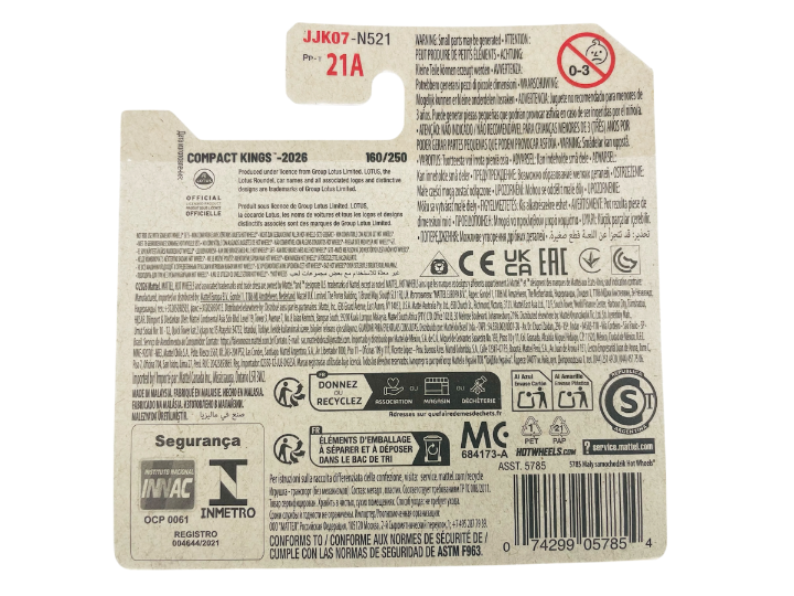Opakowanie produktu z serii \'Compact Kings - 2026\', numer 160/250, zawiera różne ostrzeżenia i informacje o recyklingu. Widoczne są także symbole certyfikacji oraz kod kreskowy 074299057854.