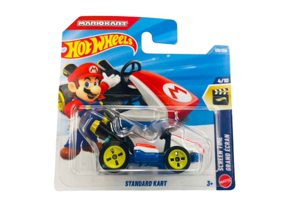 Opakowanie z zabawkowym modelem samochodu wyścigowego Hot Wheels z serii Mario Kart. Na opakowaniu widoczny jest napis \'Hot Wheels\', \'Standard Kart\', oraz numeracja \'129/250\' i \'4/10\'.