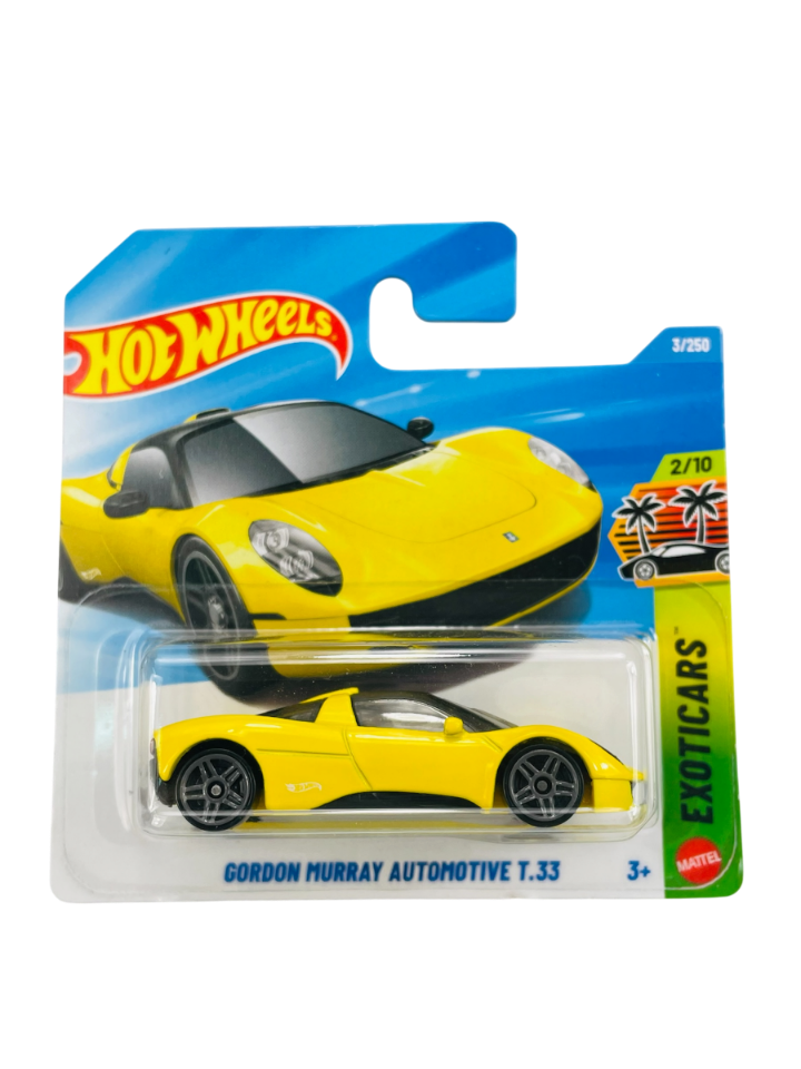 Opakowanie z modelem samochodu Hot Wheels w kolorze żółtym, oznaczone jako Gordon Murray Automotive T.33. Na opakowaniu widnieje logo Hot Wheels oraz napis \'EXOTICARS\'.