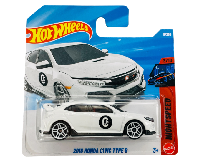 Opakowanie z modelem samochodu Hot Wheels przedstawiające biały 2018 Honda Civic Type R. Na opakowaniu widnieje napis \'2018 HONDA CIVIC TYPE R\' oraz logo Hot Wheels.