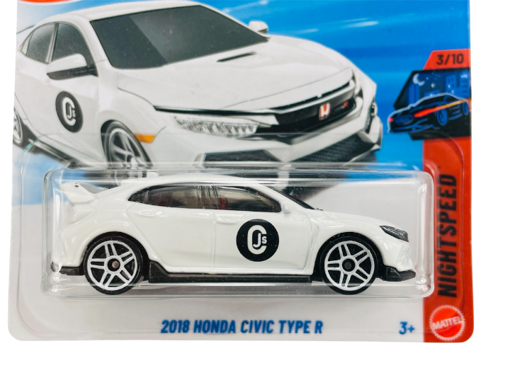 Opakowanie z modelem samochodu 2018 Honda Civic Type R w kolorze białym, z czarnym logo na drzwiach. Na opakowaniu widnieje napis \'2018 Honda Civic Type R\' oraz logo \'Mattel\'.