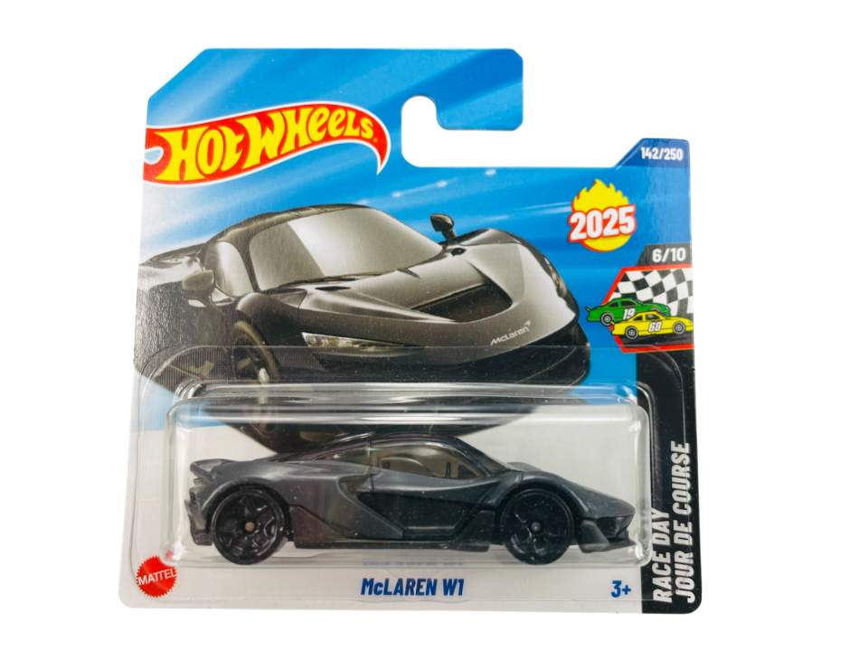 Opakowanie z modelem samochodu Hot Wheels McLaren W1, oznaczone jako 142/250 z serii Race Day. Widoczne są napisy: \'2025\', \'6/10\', \'RACE DAY JOUR DE COURSE\' oraz logo Hot Wheels.