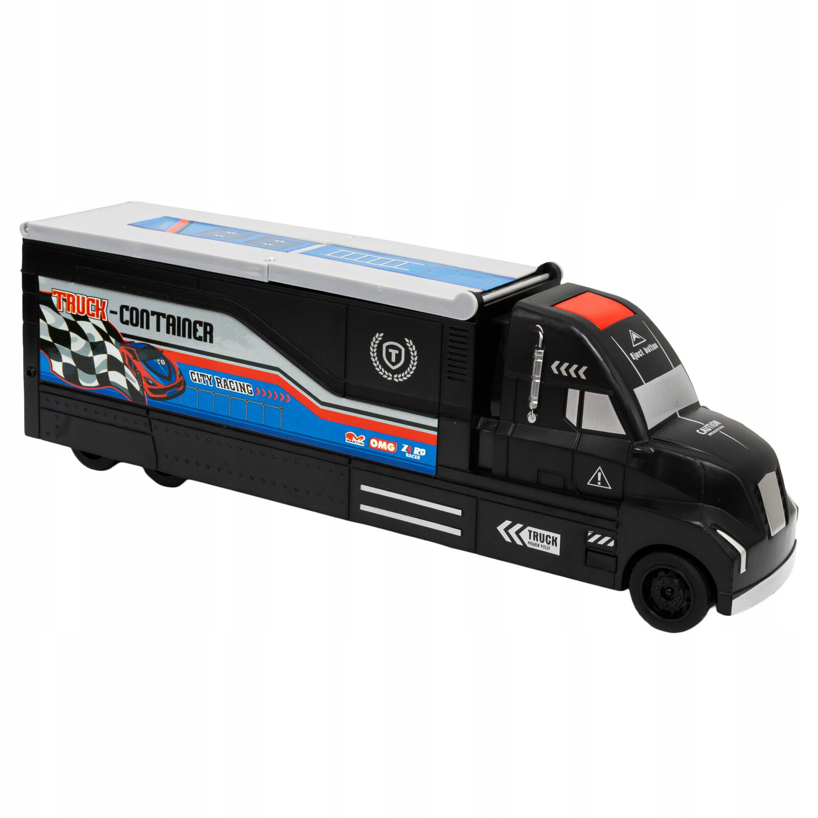 Czarna zabawkowa ciężarówka z napisem \'TRUCK-CONTAINER\' i grafiką wyścigową na boku. Na kabinie widoczne są różne symbole i napisy, w tym \'City Racing\' oraz logo producenta.