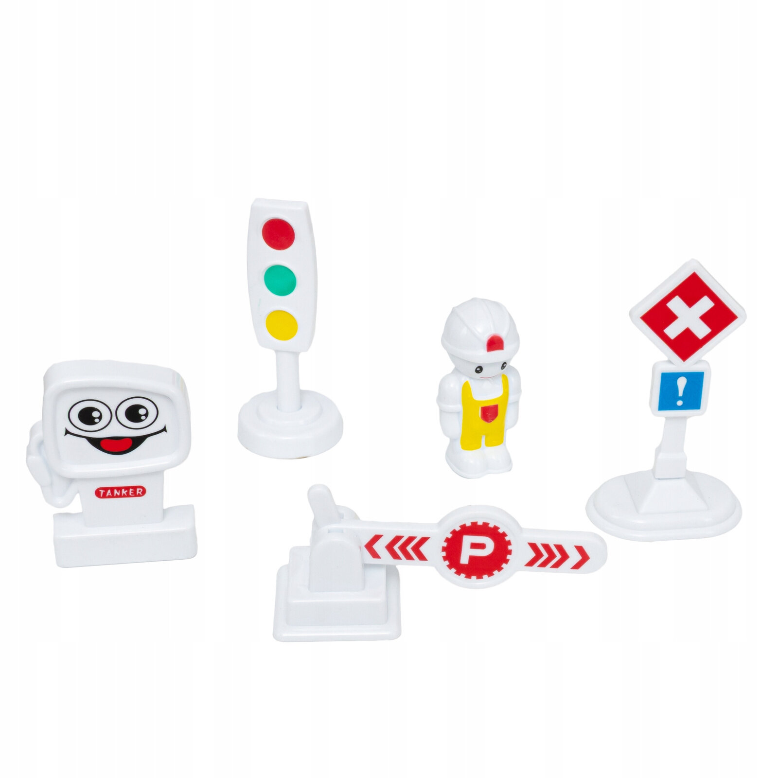 Na obrazku znajdują się zabawkowe elementy: sygnalizator świetlny, figurka w kasku, znak drogowy z czerwonym krzyżem, znak z literą \'P\' oraz postać z napisem \'TANKER\'.