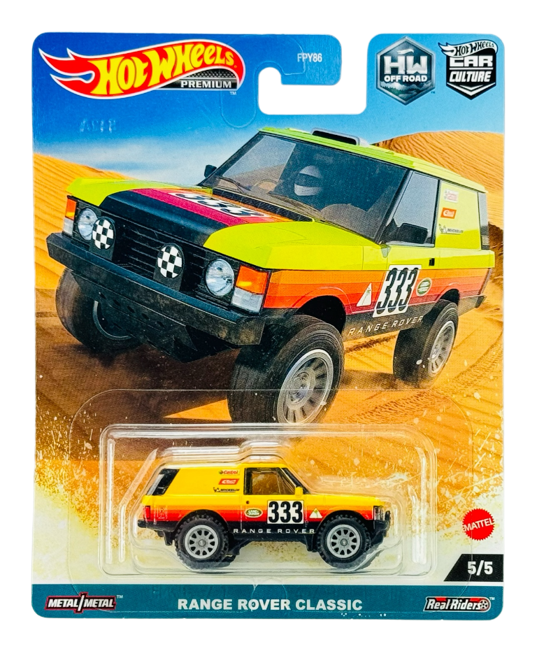 Opakowanie z metalowym modelem samochodu Hot Wheels Range Rover Classic, oznaczone numerem 333. Na opakowaniu widoczne są napisy: \'Hot Wheels Premium\', \'HW Off Road\', \'Car Culture\', \'Metal/Metal\', \'Range Rover Classic\', \'Real Riders\', oraz logo Mattel.