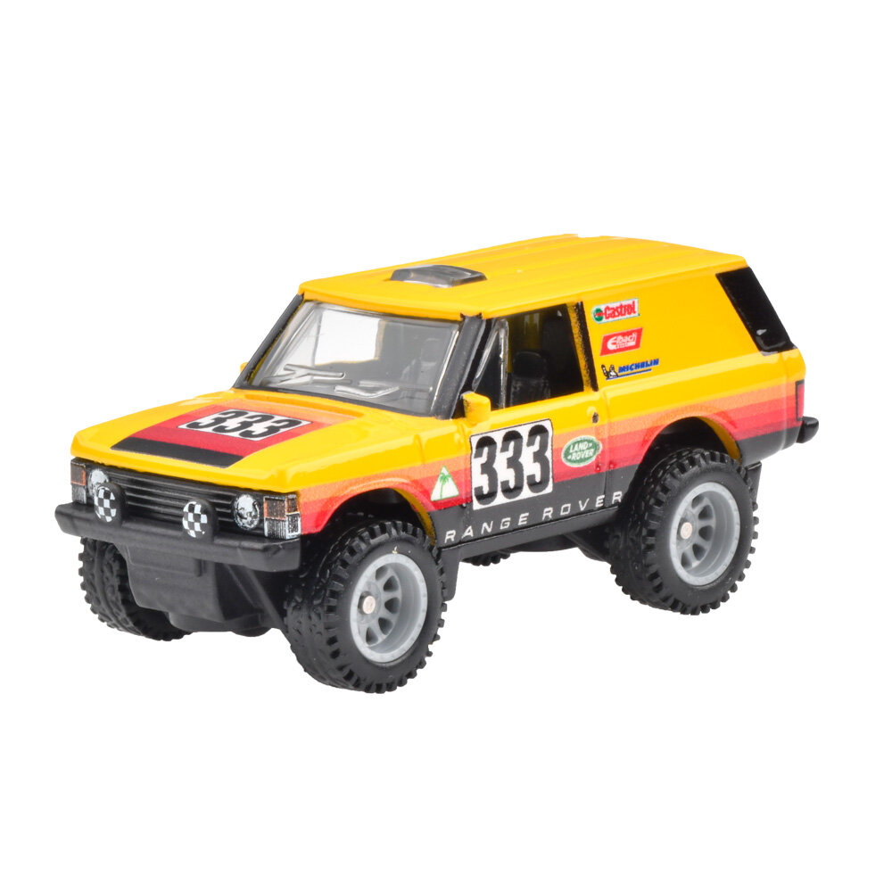 Model samochodu terenowego w kolorze żółtym z numerem 333 na drzwiach i masce. Na boku widoczne są logotypy Castrol, Land Rover i Michelin.