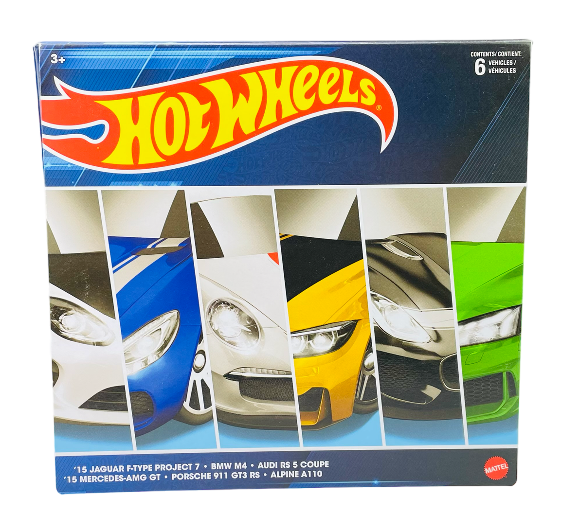 Opakowanie zestawu Hot Wheels z sześcioma modelami samochodów, z widocznymi fragmentami przodów pojazdów w różnych kolorach. Na dole opakowania wymienione są modele: \'15 Jaguar F-Type Project 7, BMW M4, Audi RS 5 Coupe, \'15 Mercedes-AMG GT, Porsche 911 GT3 RS, Alpine A110, a w rogu znajduje się logo Mattel.