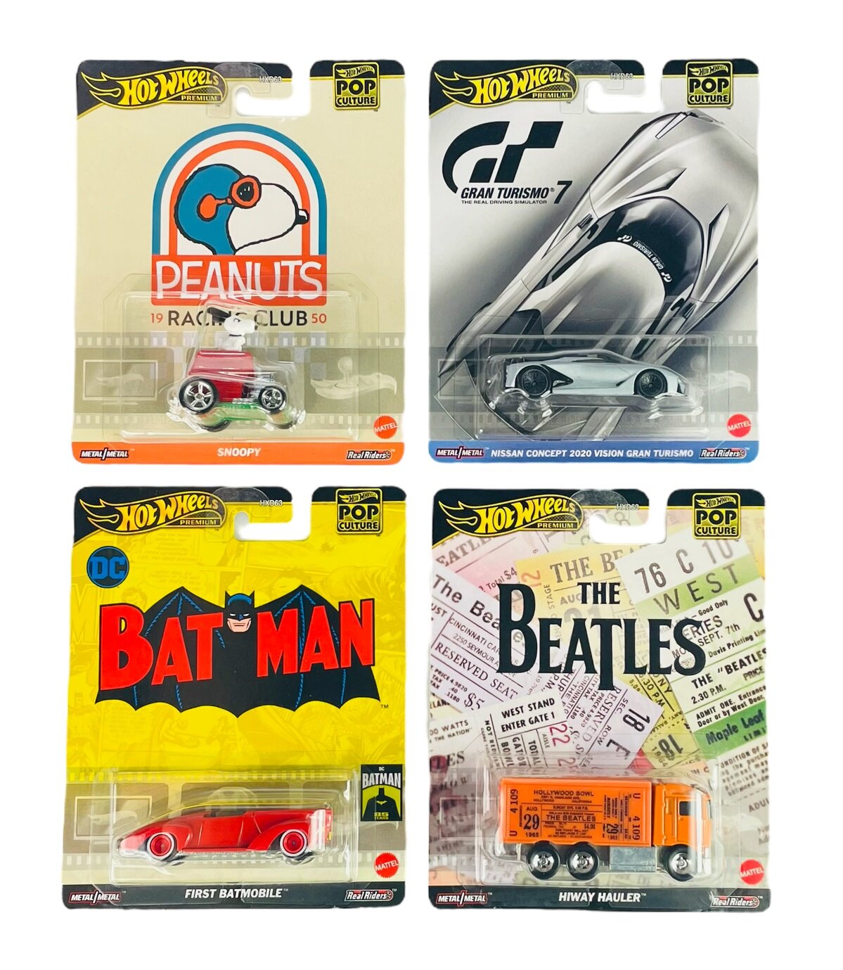 Obraz przedstawia cztery opakowania modeli samochodów Hot Wheels Premium Pop Culture 2024. Każde opakowanie ma unikalny motyw: Peanuts, Gran Turismo 7, Batman i The Beatles.