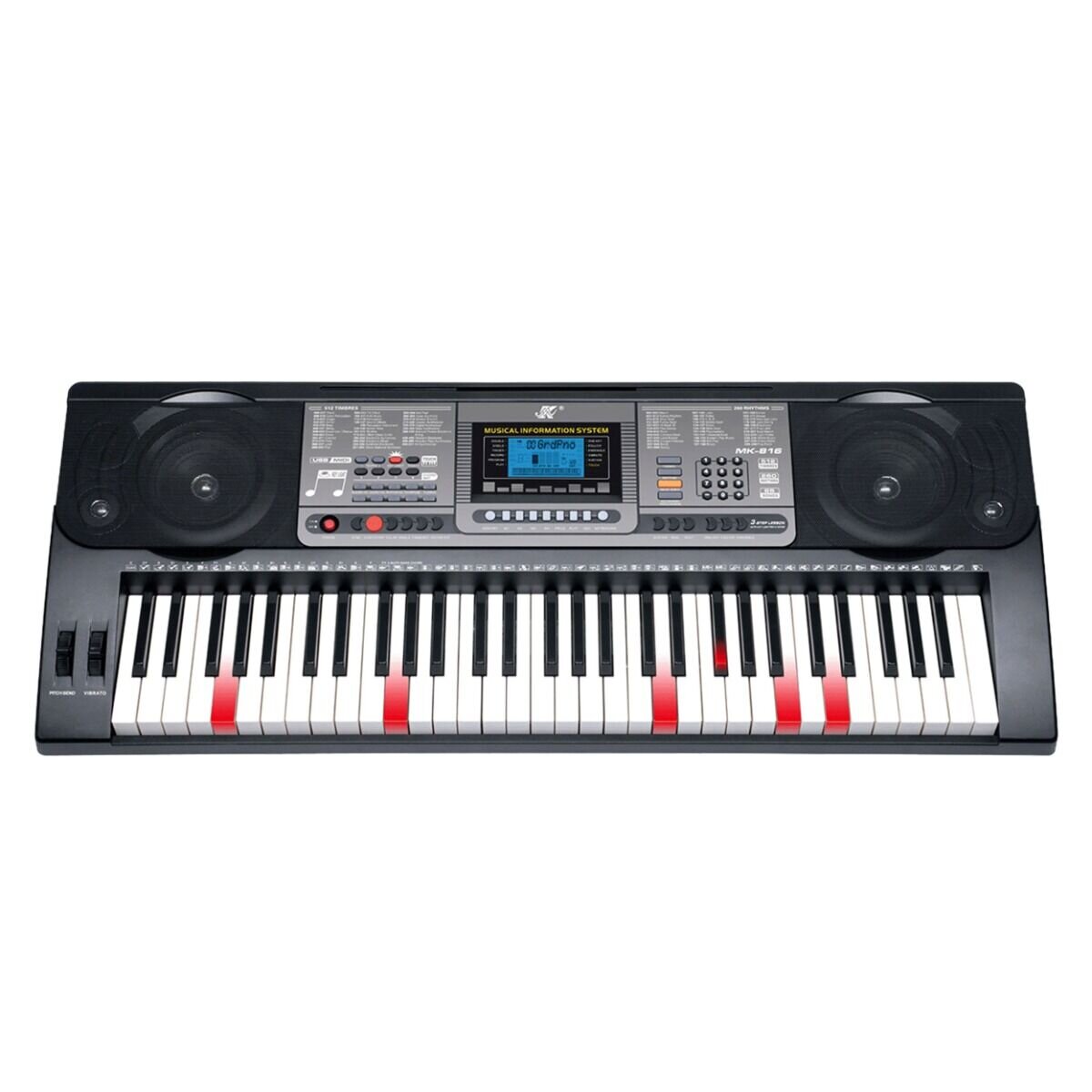 Elektroniczny keyboard z 61 klawiszami, wyświetlaczem i różnymi przyciskami funkcyjnymi. Widoczne są głośniki po obu stronach oraz czerwone oznaczenia na niektórych klawiszach.