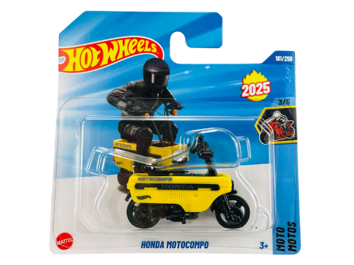 Opakowanie z modelem motocykla Hot Wheels, przedstawiające żółty motocykl Honda Motocompo z figurką kierowcy. Na opakowaniu widoczne są napisy: \'Hot Wheels\', \'2025\', \'181/250\', \'3/5\', \'Honda Motocompo\'.