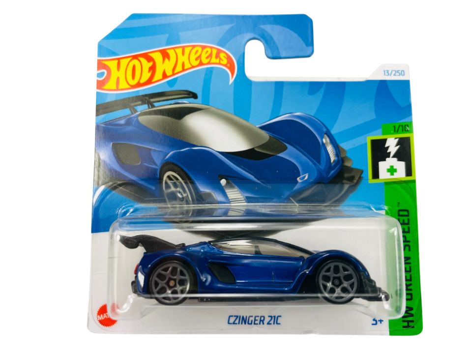 Opakowanie z modelem samochodu Hot Wheels w kolorze niebieskim, z widocznym logo \'Hot Wheels\' i napisem \'Czinger 21C\'.