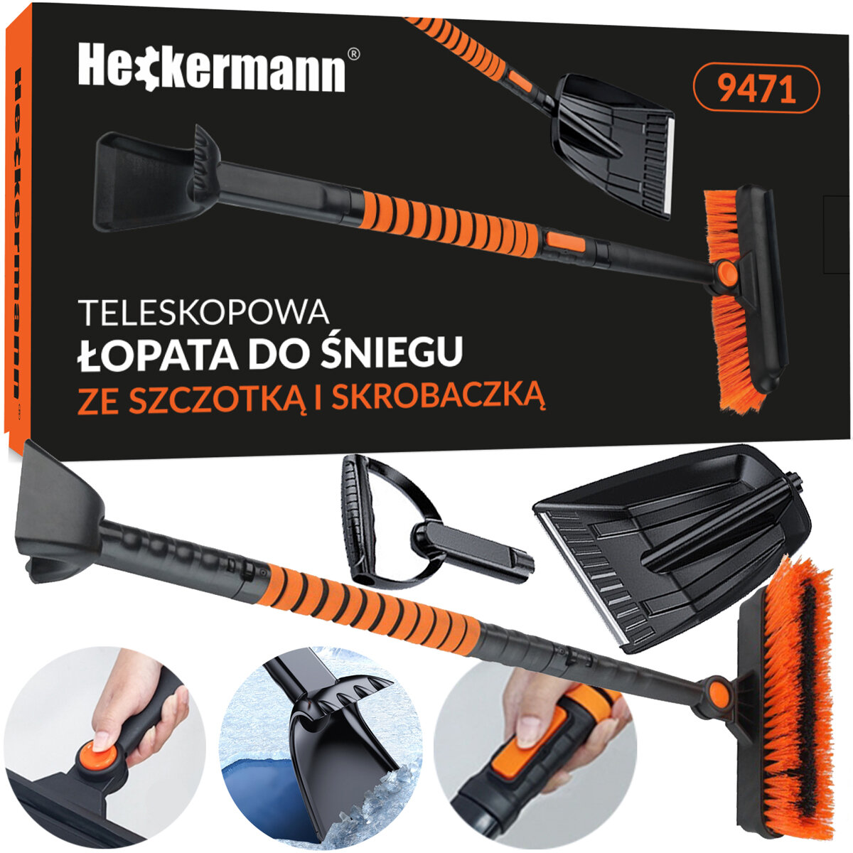Obraz przedstawia zestaw do odśnieżania Heckermann 9471, składający się z teleskopowej łopaty do śniegu z pomarańczową szczotką i skrobaczką. Na opakowaniu widnieje napis: \'Teleskopowa łopata do śniegu ze szczotką i skrobaczką\'.