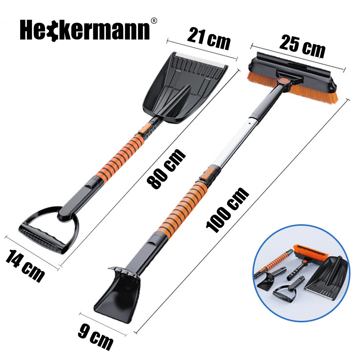 Na obrazie widoczny jest zestaw do odśnieżania składający się z łopaty, szczotki i skrobaczki, z oznaczeniami wymiarów: 21 cm, 25 cm, 80 cm, 100 cm, 14 cm i 9 cm. W lewym górnym rogu znajduje się logo \'Heckermann\'.