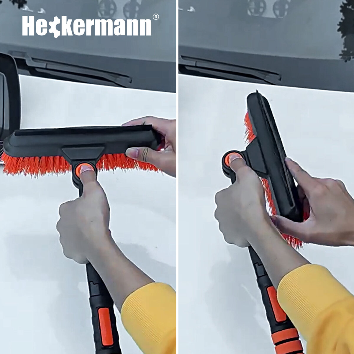 Osoba trzyma narzędzie z pomarańczowymi szczotkami, używane do czyszczenia powierzchni. Widoczne jest logo \'Heckermann\'.