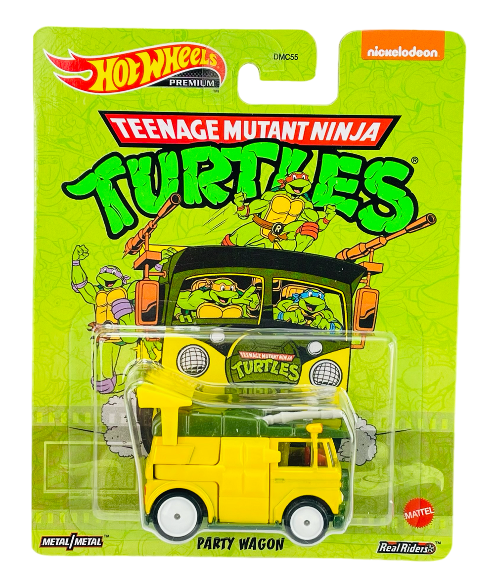 Opakowanie z modelem pojazdu \'Party Wagon\' z serii \'Teenage Mutant Ninja Turtles\' od Hot Wheels. Na opakowaniu widoczne są postacie z kreskówki oraz logo \'nickelodeon\'.