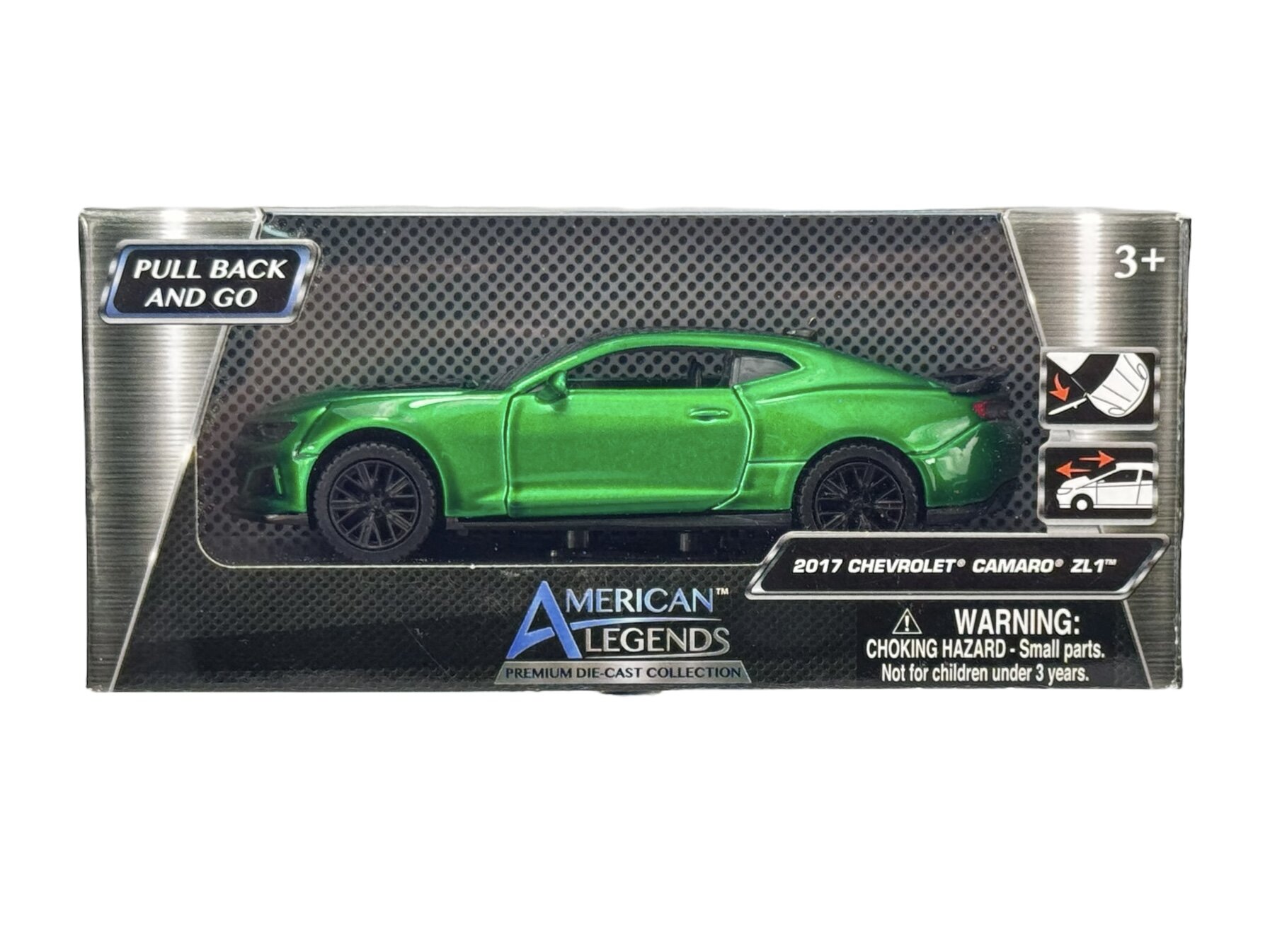 Zielony model samochodu 2017 Chevrolet Camaro ZL1 w skali 1:32 znajduje się w opakowaniu z napisem \'AMERICAN LEGENDS\' oraz ostrzeżeniem \'WARNING: CHOKING HAZARD - Small parts. Not for children under 3 years.\'