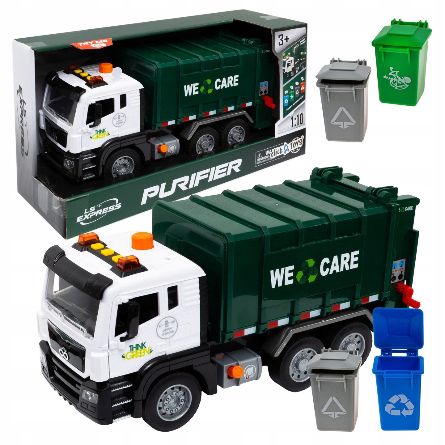 Zabawka śmieciarka w kolorze białym i zielonym z napisem \'WE CARE\', w zestawie z czterema kolorowymi koszami na śmieci. Opakowanie zawiera oznaczenia \'PURIFIER\' i \'THINK GREEN\'.