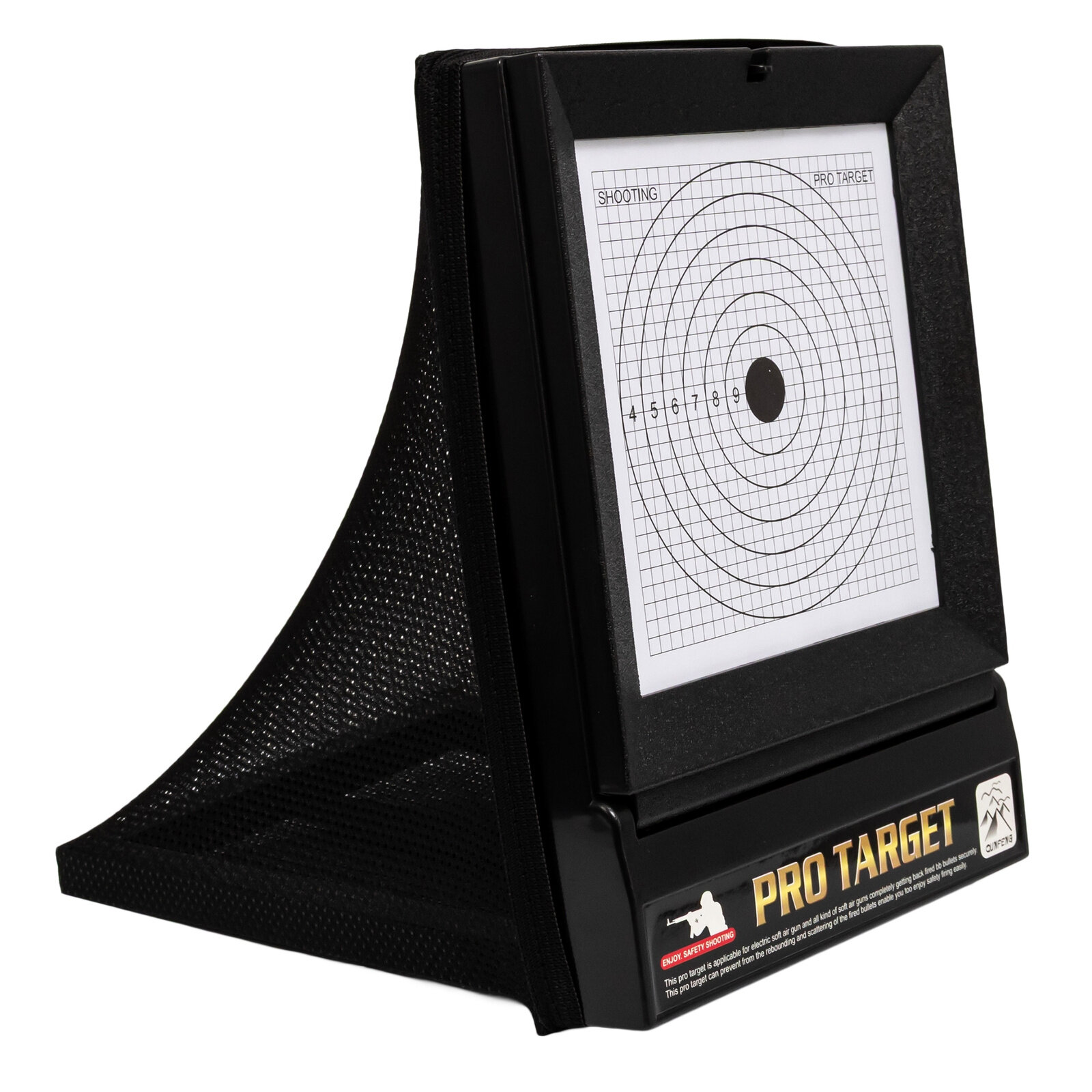 Kulochwyt z siatką na kulki z zamontowaną tarczą strzelecką z oznaczeniami liczbowymi i napisem \'SHOOTING PRO TARGET\'. Na podstawie widoczne jest logo i napis \'PRO TARGET\'.