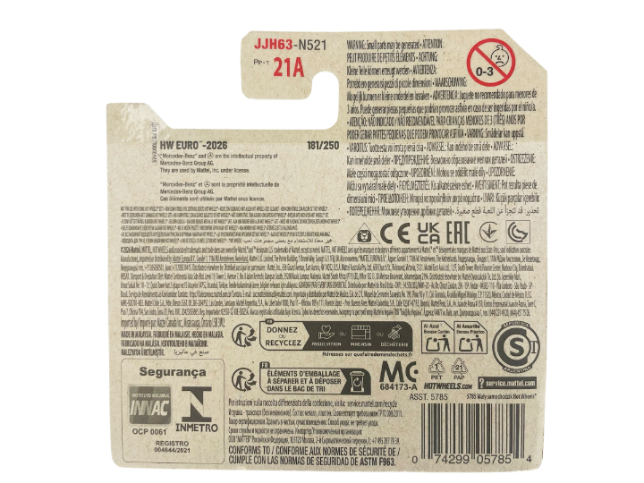 Opakowanie produktu z serii HW Euro - 2026, model 181/250, zawiera ostrzeżenia i informacje o recyklingu. Widoczne są symbole certyfikacji oraz kod kreskowy 74299057856.