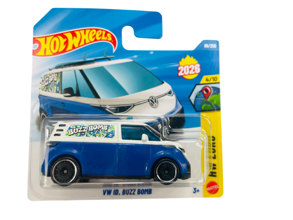 Opakowanie z modelem samochodu Hot Wheels VW ID. Buzz Bomb w kolorze niebieskim z białymi detalami. Na opakowaniu widnieje napis \'Hot Wheels\', \'2026\', \'86/250\', \'4/10\', \'VW ID. BUZZ BOMB\'.
