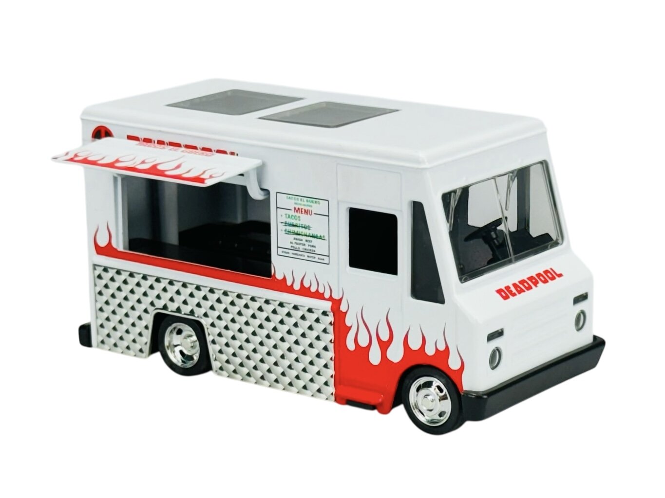Biały model ciężarówki taco z czerwonymi płomieniami na bokach i napisem \'DEADPOOL\' z przodu. Na boku widoczny jest napis \'MENU TACOS\'.