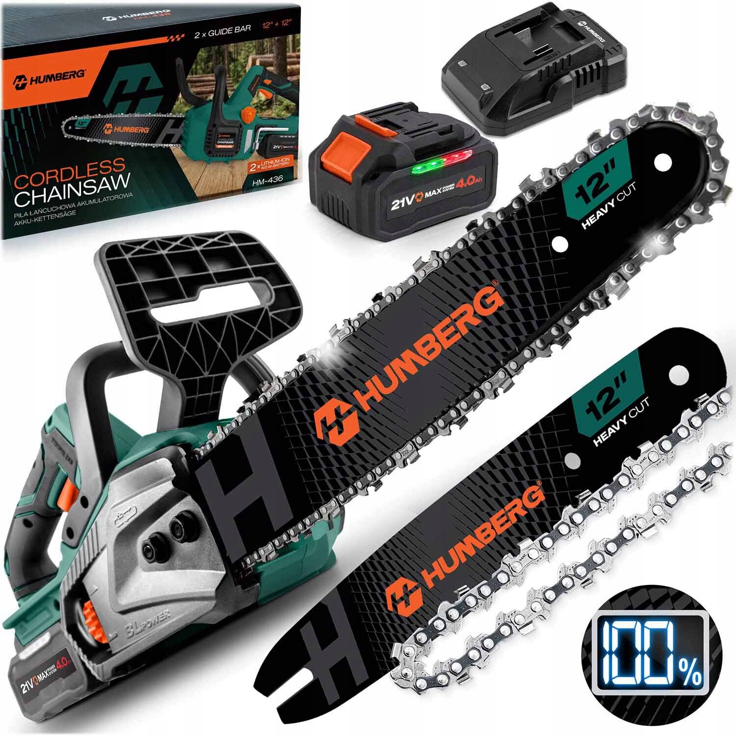 Na obrazie znajduje się akumulatorowa piła łańcuchowa z widocznym logo \'HUMBERG\' na prowadnicy. Obok piły widoczne są akumulator, ładowarka oraz opakowanie z napisem \'CORDLESS CHAINSAW\'.